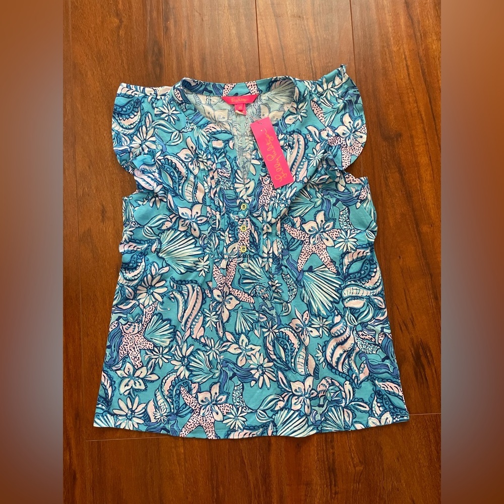 NWT Lilly Pulitzer Golda Top Blue Sound The Sirens Shirt Size XS